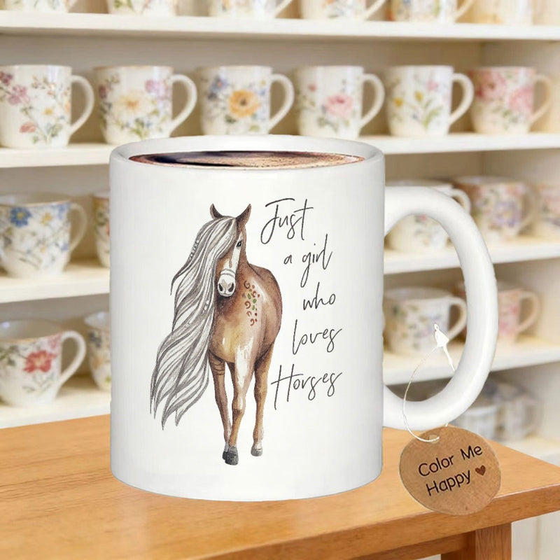 Tailorly White Ceramic 11 oz Mug - Just A Girl Who Loves Horses Majestic Standing Brown Stallion With Long Flowing Silver Mane Horse
