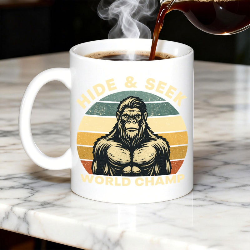 Tailorly White Ceramic 11 oz Mug - Hide Seek World Champ Muscular Hairy Primate Standing Before Retro Striped Circular Sunset Sasquatch
