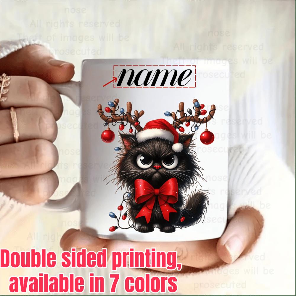 Tailorly White Ceramic 11 oz Mug - Name Grumpy Fluffy Black Feline Wearing Reindeer Antlers Festive Santa Hat Red Bow Cat