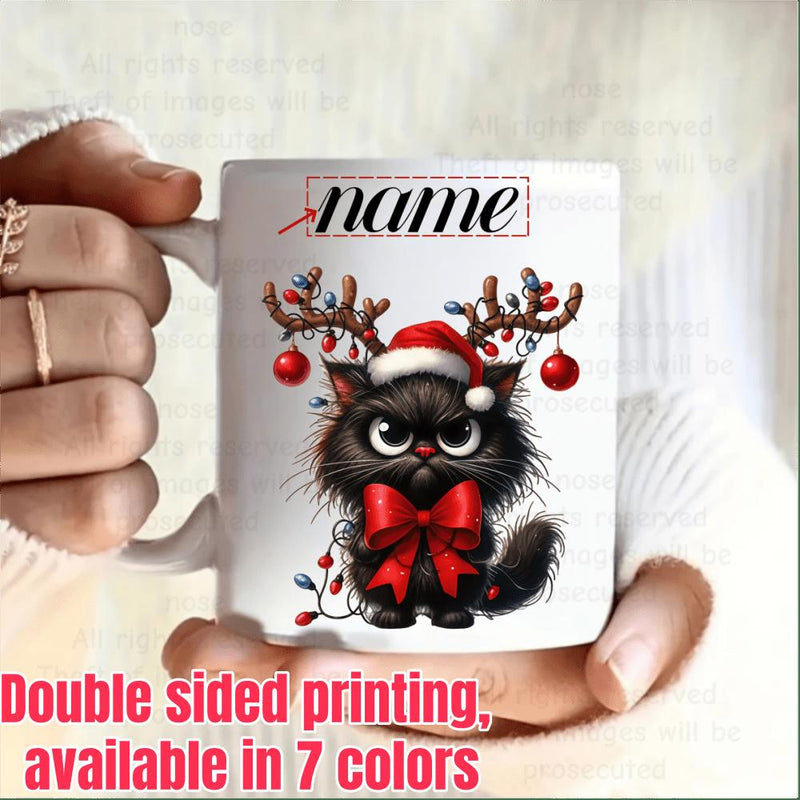 Tailorly White Ceramic 11 oz Mug - Name Grumpy Fluffy Black Feline Wearing Reindeer Antlers Festive Santa Hat Red Bow Cat