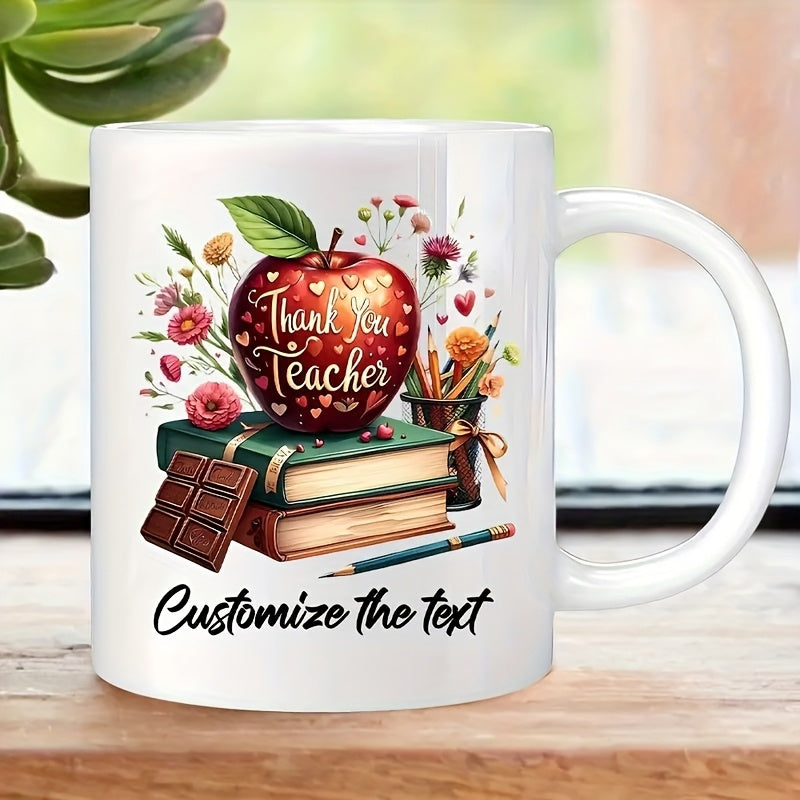 Tailorly White Ceramic 11 oz Mug - Thank You Teacher Vibrant Red Apple Resting On Books Surrounded By Colorful Blooming Flowers Apple