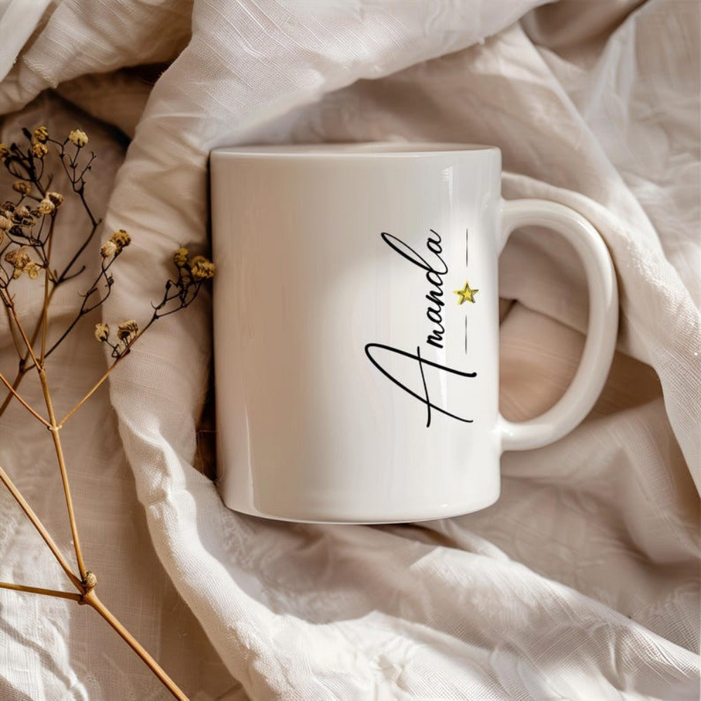Tailorly White Ceramic 11 oz Mug - Amanda Minimalist Script Name With A Small Golden Star Decoration Mug