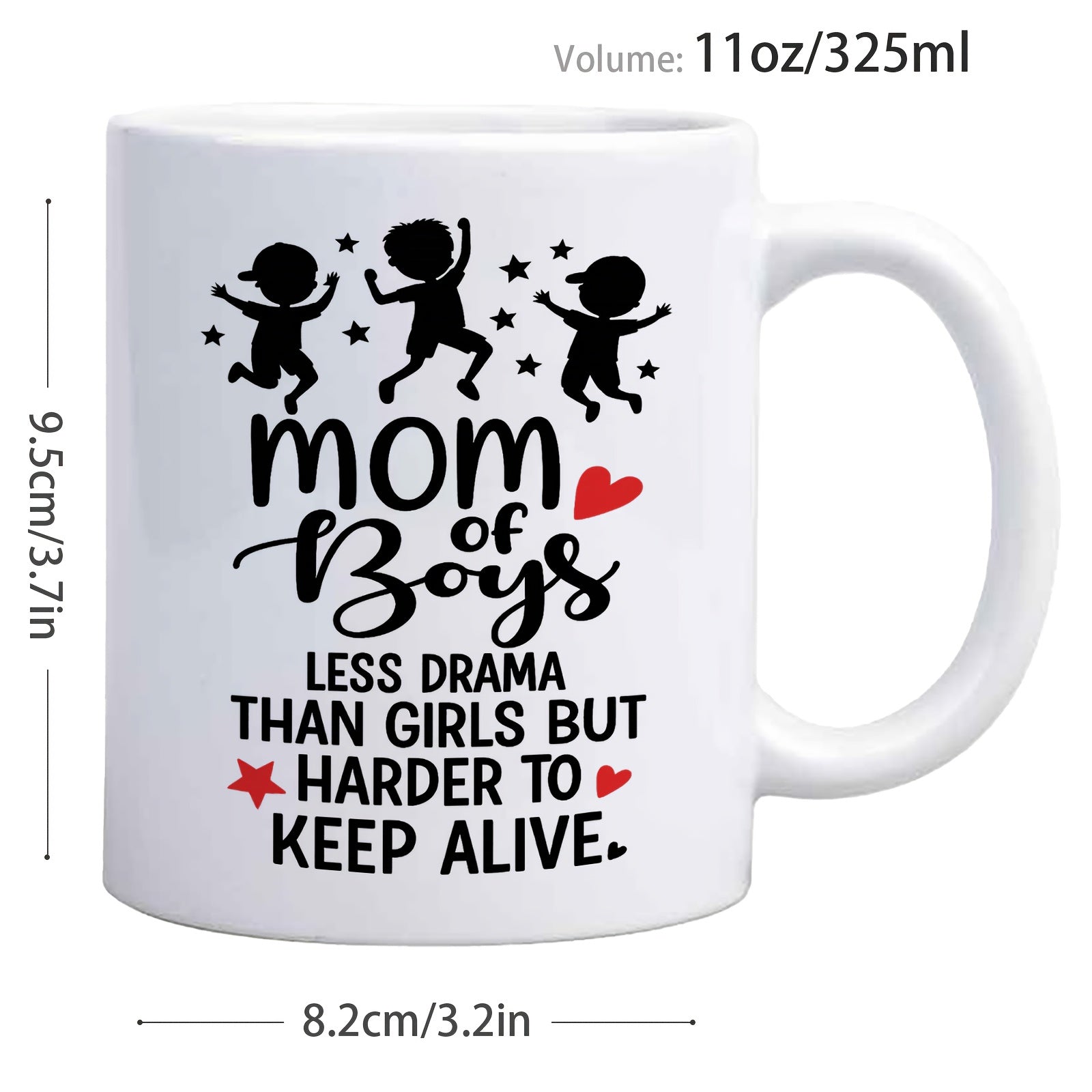 Tailorly White Ceramic 11 oz Mug - Mom Of Boys Less Drama Than Girls But Harder To Keep Alive Jumping Little Children With Twinkling Stars And Hearts Silhouette