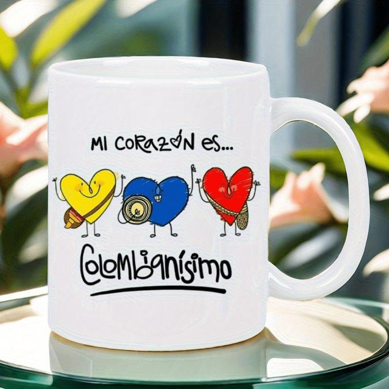 Tailorly White Ceramic 11 oz Mug - Three Charming Animated Characters Wearing Traditional Colombian Bags In Flag Colors Hearts