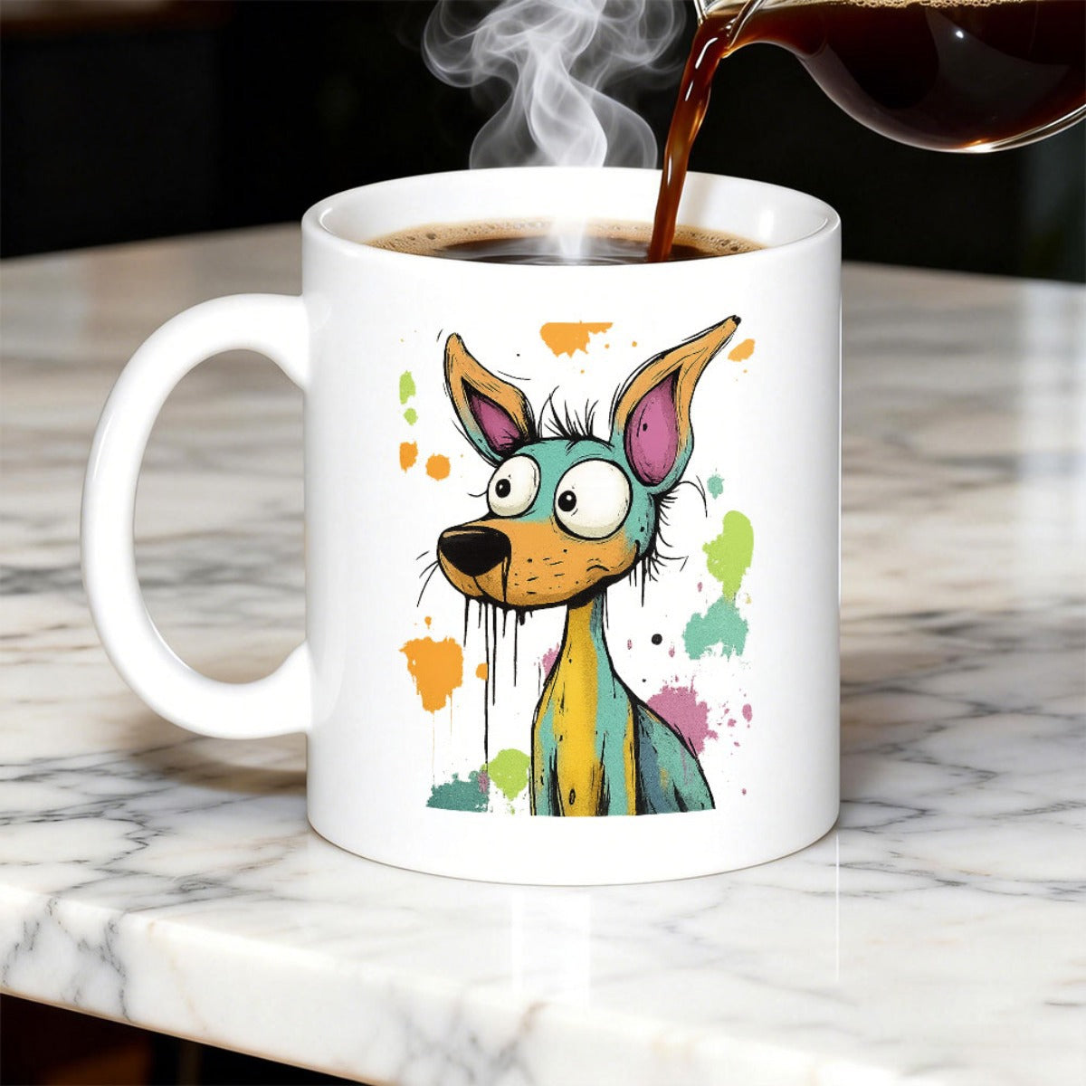 Tailorly White Ceramic 11 oz Mug - Artistic Painted Splatters Surrounding A Funny Wide Eyed Cartoon Dog