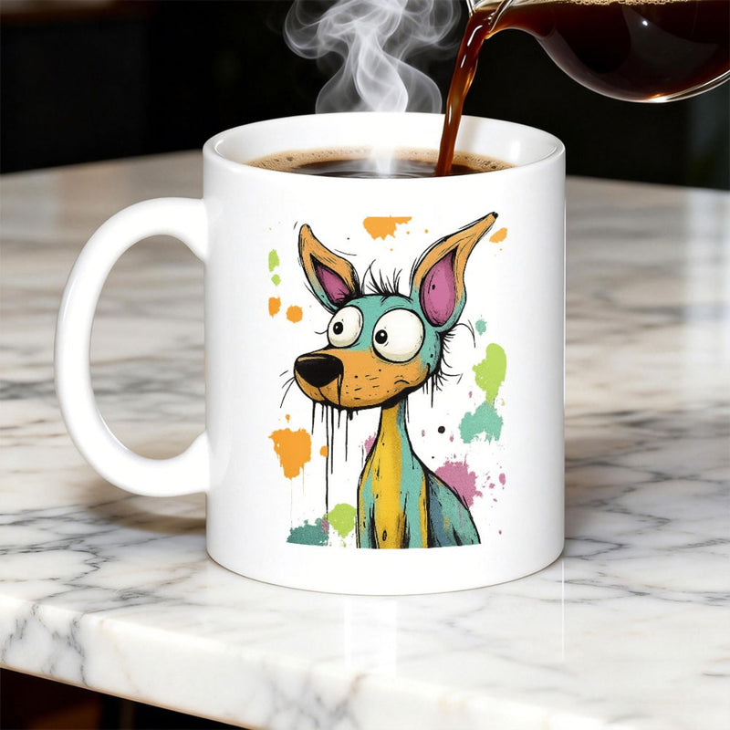 Tailorly White Ceramic 11 oz Mug - Artistic Painted Splatters Surrounding A Funny Wide Eyed Cartoon Dog