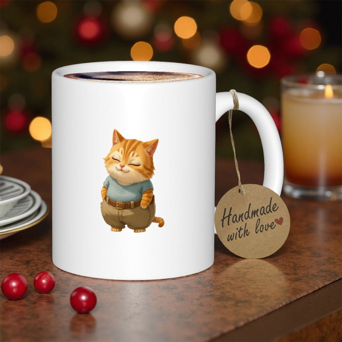 Tailorly White Ceramic 11 oz Mug - Handmade With Love Adorable Small Cartoon Orange Feline Standing Wearing Blue Shirt And Trousers Cat