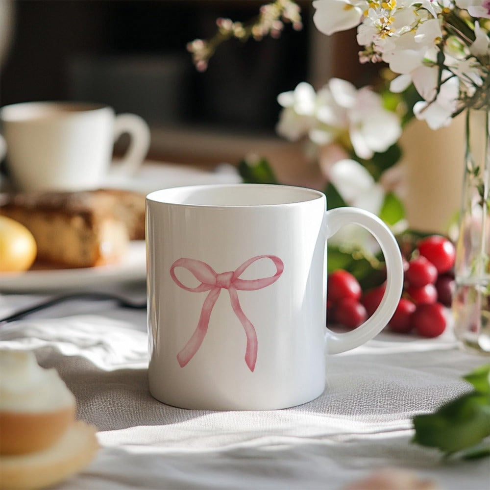 Tailorly White Ceramic 11 oz Mug - Soft Pink Watercolor Ribbon Tied In A Delicate Elegant Silk Bow