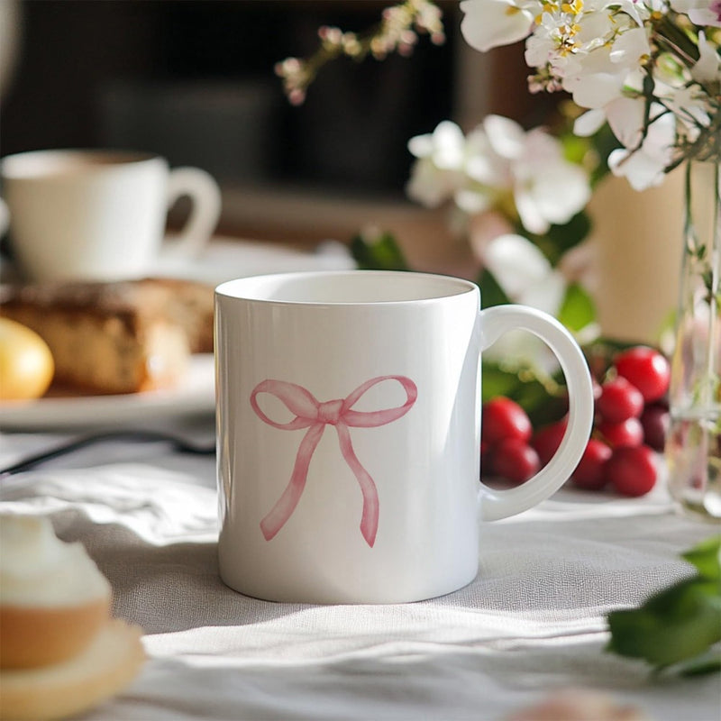 Tailorly White Ceramic 11 oz Mug - Soft Pink Watercolor Ribbon Tied In A Delicate Elegant Silk Bow