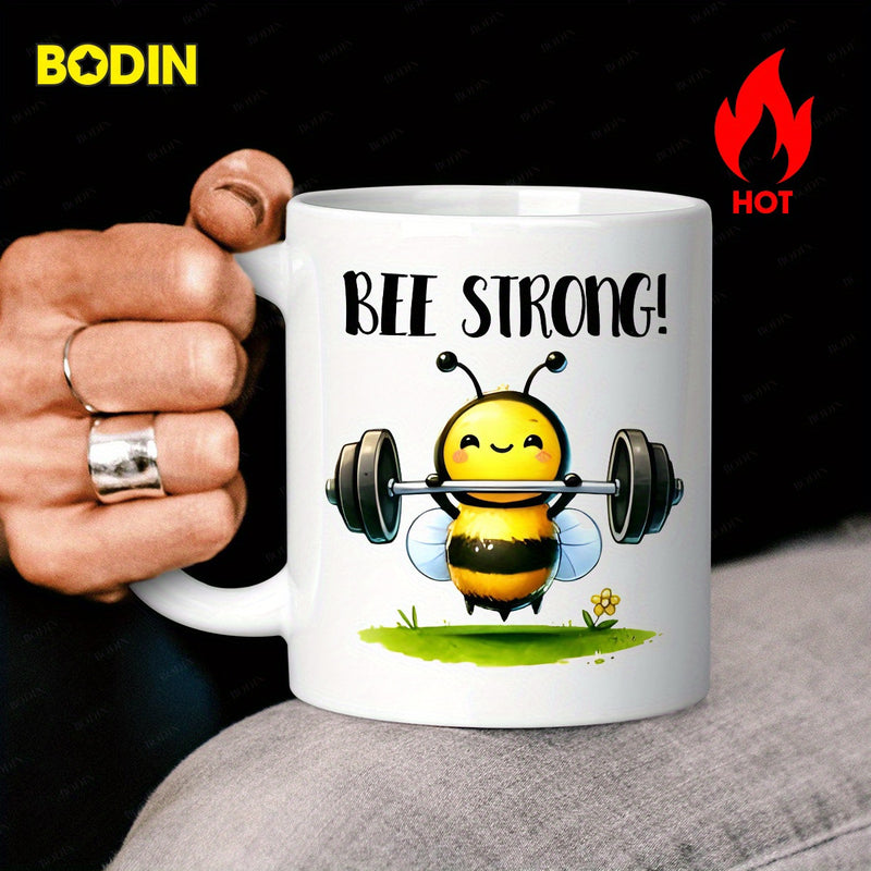 Tailorly White Ceramic 11 oz Mug - Bee Strong Adorable Little Honey Bee Lifting Heavy Barbell Among Green Grassy Field Bee