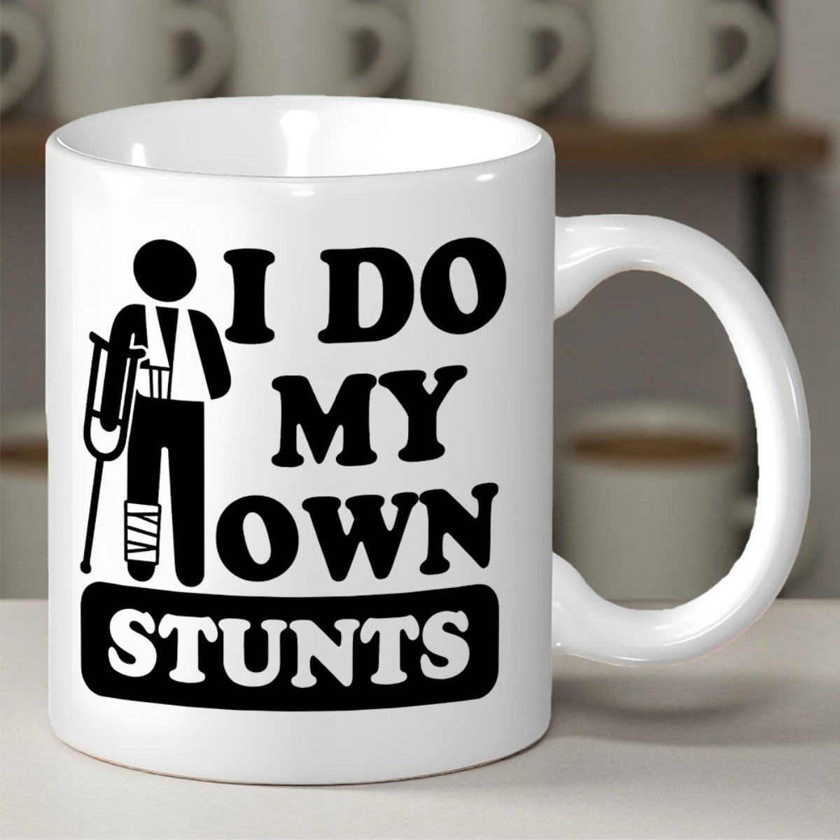 Tailorly White Ceramic 11 oz Mug - I Do My Own Stunts Funny Stick Figure Leaning On Crutches With An Arm Sling Man