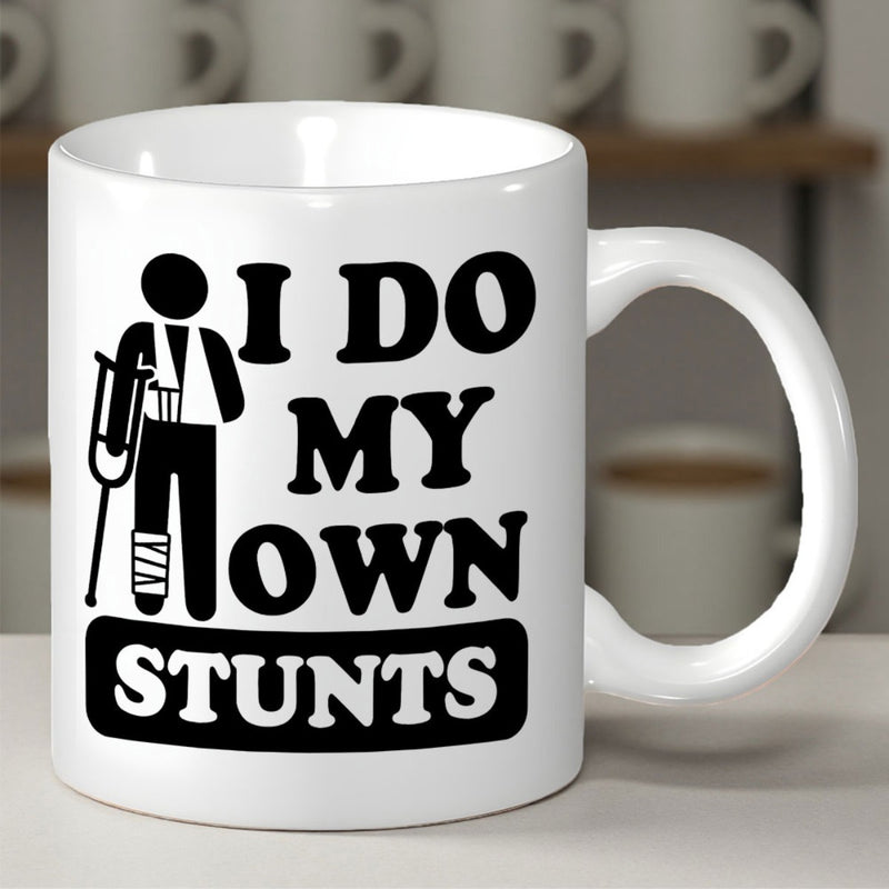 Tailorly White Ceramic 11 oz Mug - I Do My Own Stunts Funny Stick Figure Leaning On Crutches With An Arm Sling Man