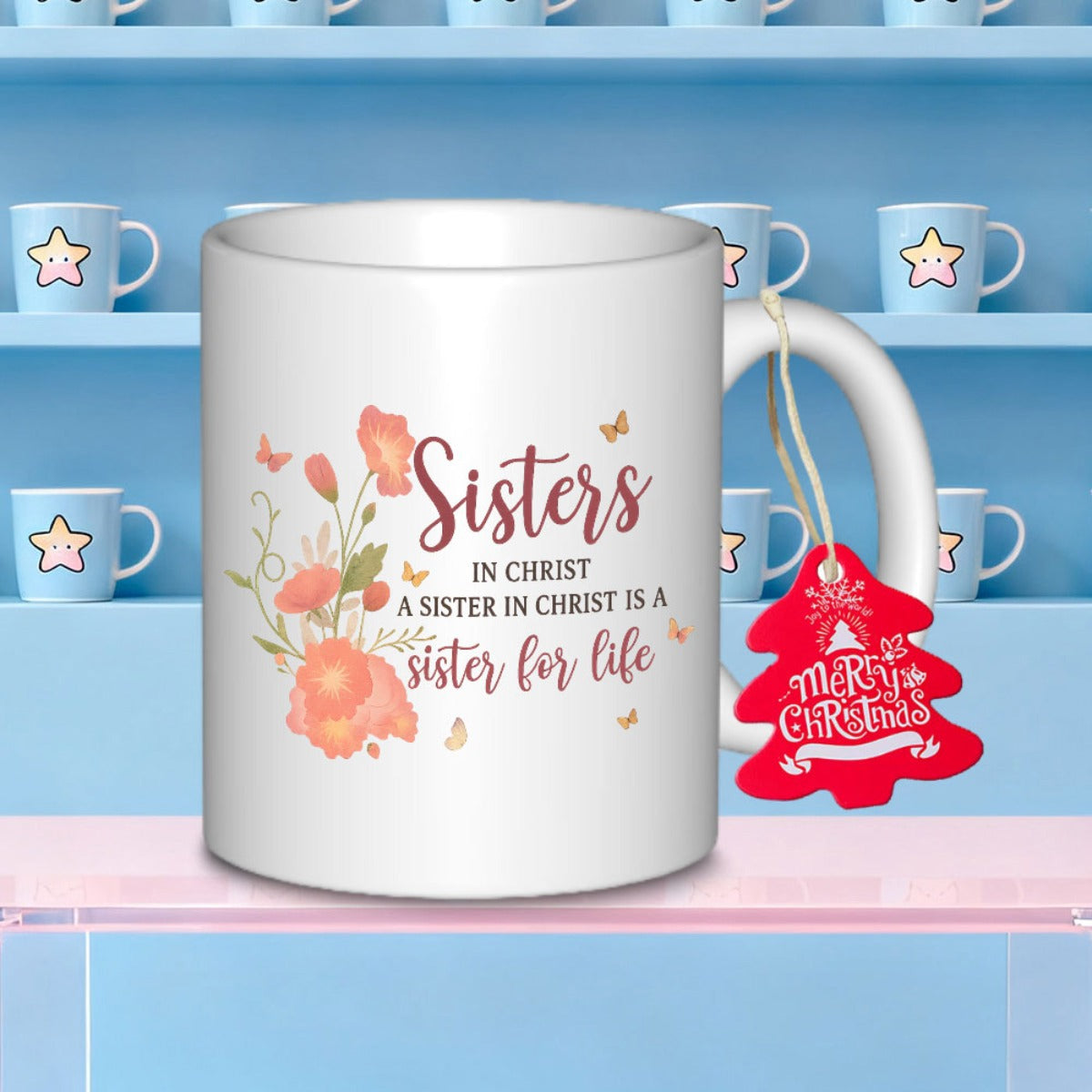 Tailorly White Ceramic 11 oz Mug - Sisters In Christ A Sister In Christ Is A Sister For Life Elegant Watercolor Poppies With Golden Butterflies Floating Around