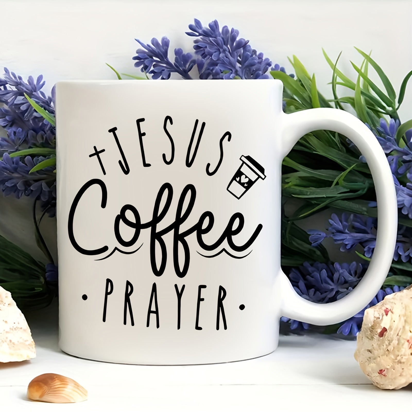 Tailorly White Ceramic 11 oz Mug - Jesus Coffee Prayer Minimalist Lettering Featuring Small Cross Icon And Coffee Cup Mug