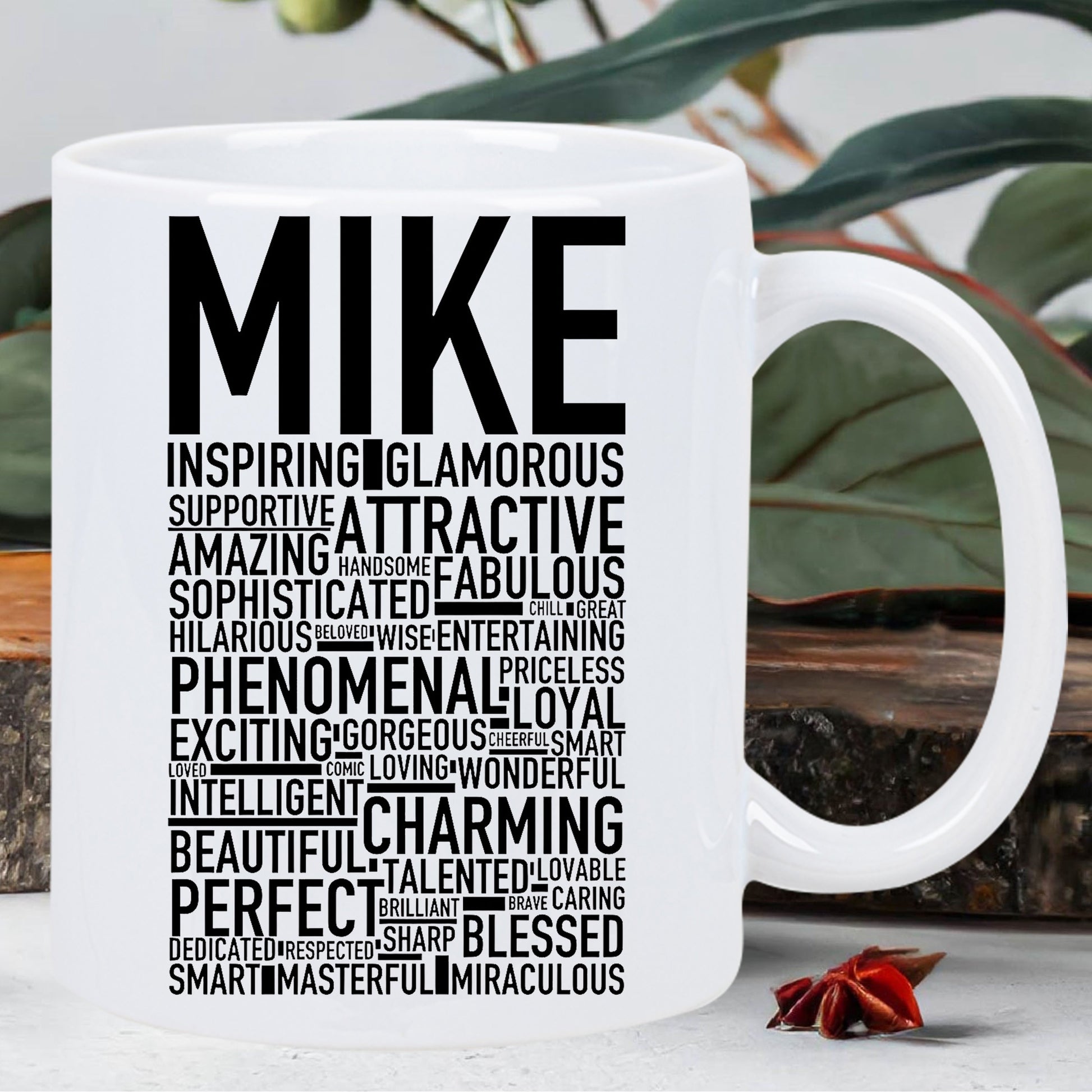 Tailorly White Ceramic 11 oz Mug - Mike Minimalist Typography Layout Featuring Bold Lettering And Various Positive Adjectives Mug