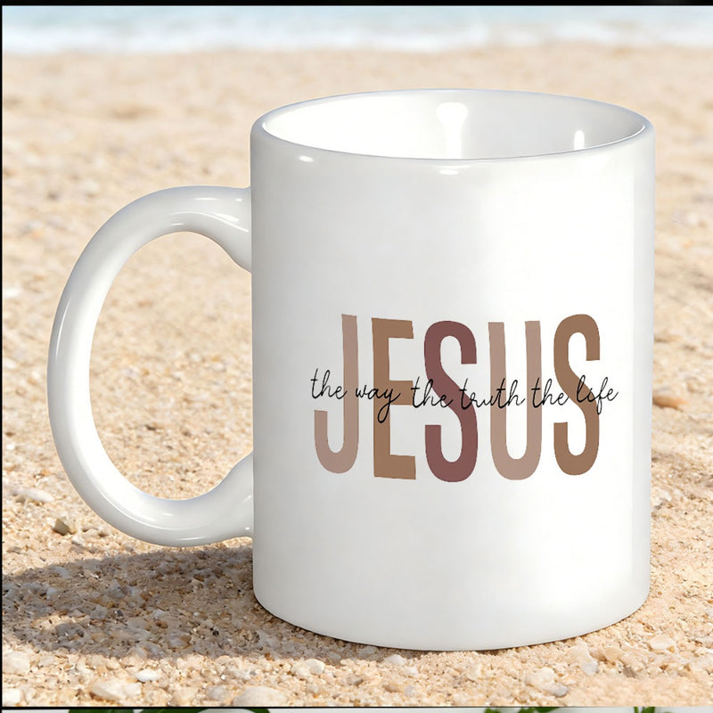 Tailorly White Ceramic 11 oz Mug - Jesus The Way The Truth The Life Minimalist Religious Typography Design Featuring Earthy Tones And Clean Layout Mug