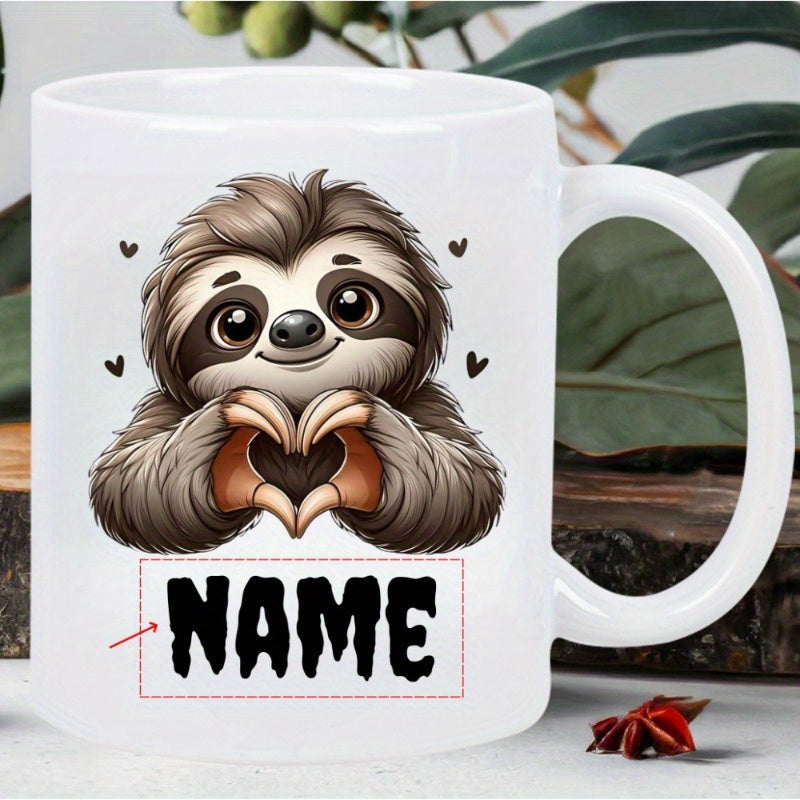 Tailorly White Ceramic 11 oz Mug - Name Cute Adorable Furry Animal Making Heart Gesture With Tiny Black Hearts Surrounding Sloth