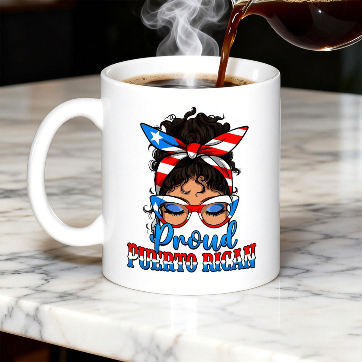 Tailorly White Ceramic 11 oz Mug - Proud Puerto Rican Stylish Artistic Messy Bun Wearing Patriotic Flag Accessories Woman