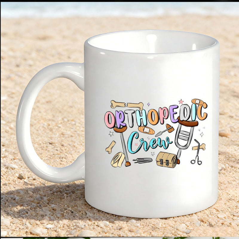 Tailorly White Ceramic 11 oz Mug - Orthopedic Crew Colorful Retro Medical Elements Featuring Bones And Crutches Design