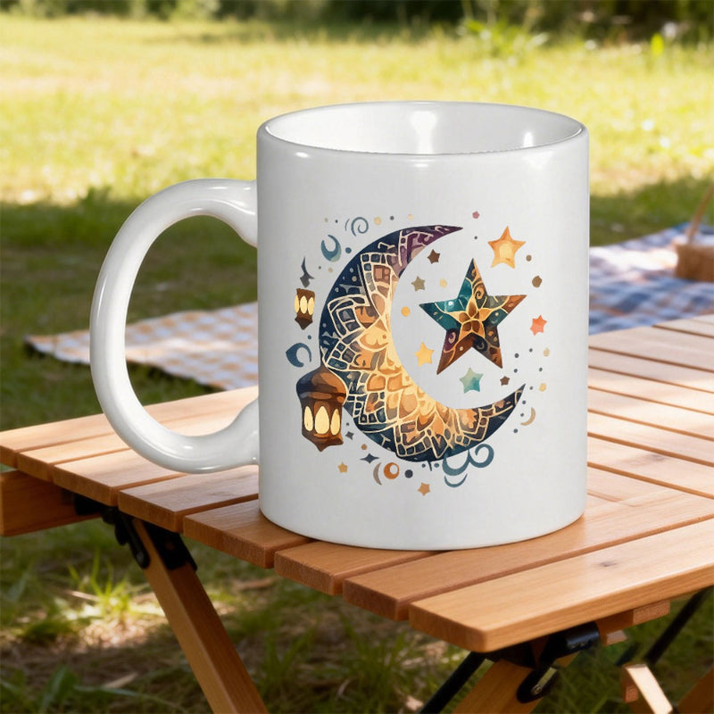 Tailorly White Ceramic 11 oz Mug - Intricate Mandala Pattern Inside A Glowing Golden Crescent With Hanging Lanterns Moon