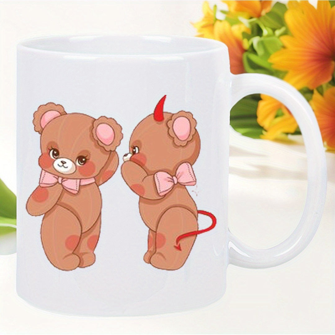 Tailorly White Ceramic 11 oz Mug - Two Vintage Brown Cartoon Bears Wearing Pink Bows With Playful Devil Theme Bear