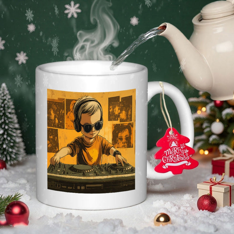 Tailorly White Ceramic 11 oz Mug - Cool Young Boy Wearing Sunglasses And Headphones Mixing Records On Turntable DJ