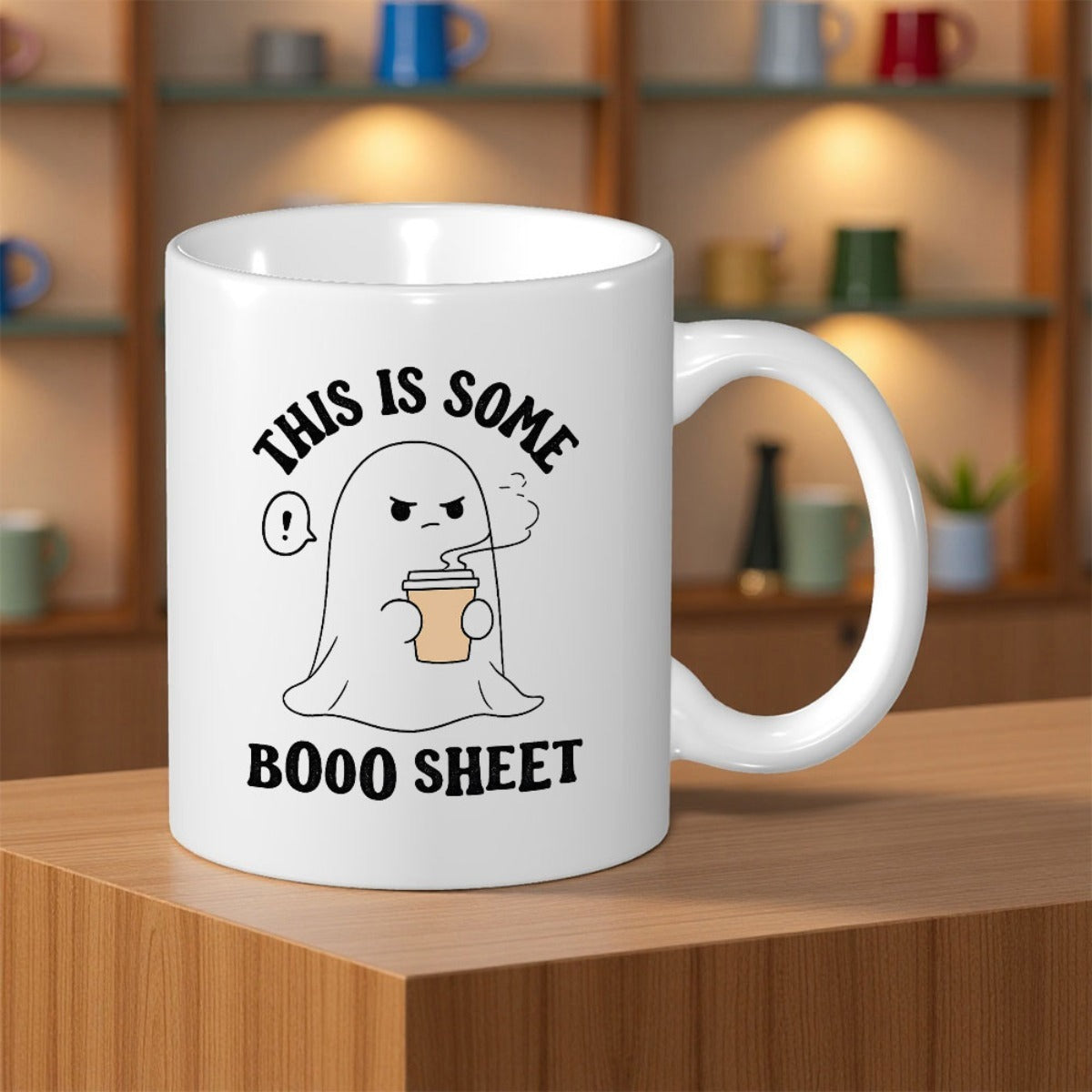Tailorly White Ceramic 11 oz Mug - This Is Some Booo Sheet Cute Angry Coffee Cup Holding Figure With Steaming Hot Morning Vapors Ghost