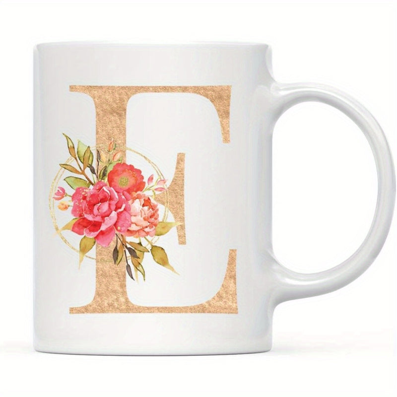 Tailorly White Ceramic 11 oz Mug - E Golden Textured Serif Style Decorated With Vibrant Watercolor Blooming Roses Letter