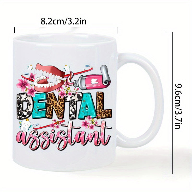 Tailorly White Ceramic 11 oz Mug - Dental Assistant Playful Oral Care Tools With Leopard Cow Print Patterns Teeth
