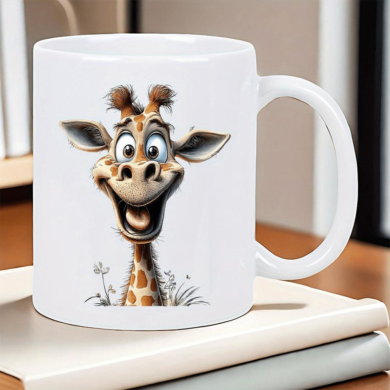 Tailorly White Ceramic 11 oz Mug - Funny Spotted Wild Animal Peeking Over Grass With Joyful Expression Giraffe