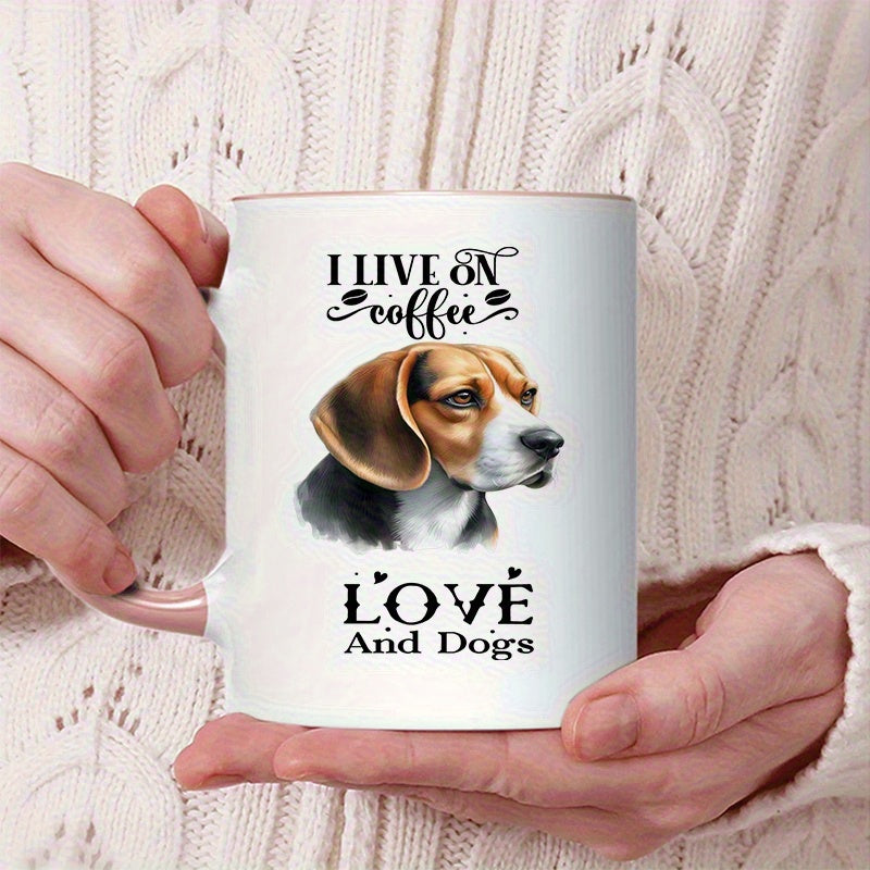 Tailorly White Ceramic 11 oz Mug - I Live On Coffee Love And Dogs Artistic Watercolor Style Portrait Of A Faithful Furry Beagle