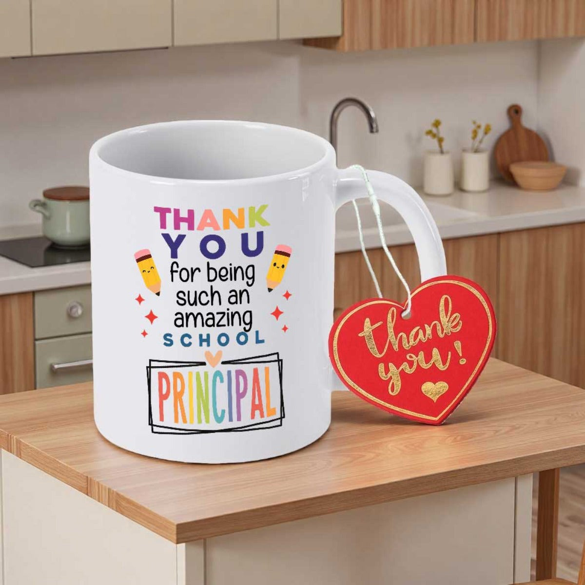 Tailorly White Ceramic 11 oz Mug - Thank You For Being Such An Amazing School Principal Cheerful Cartoon Pencils With Smiley Faces And Colorful Geometric Star