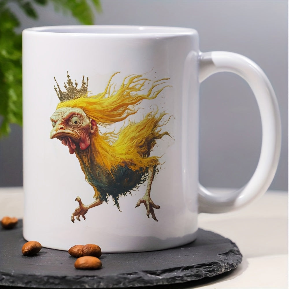 Tailorly White Ceramic 11 oz Mug - Surreal Crazy Golden Haired Monster Wearing Royal Crown Chicken