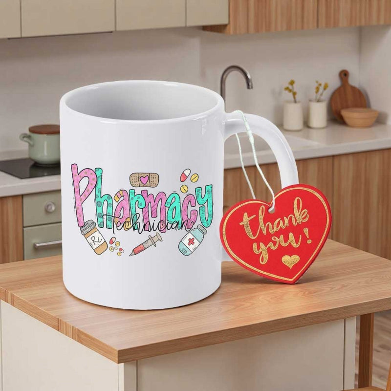 Tailorly White Ceramic 11 oz Mug - Pharmacy Technician Thank You Cute Medical Icons Featuring Bandage And Syringe Decorative Ceramic Mug