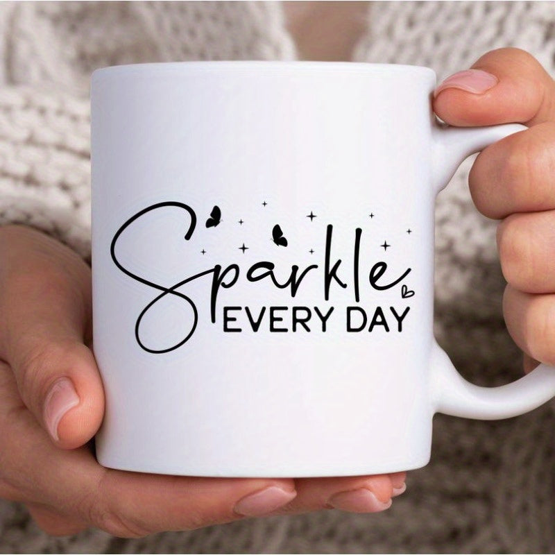 Tailorly White Ceramic 11 oz Mug - Sparkle Every Day Minimalist Black Butterflies And Twinkling Stars Surrounding Elegant Cursive Script Mug