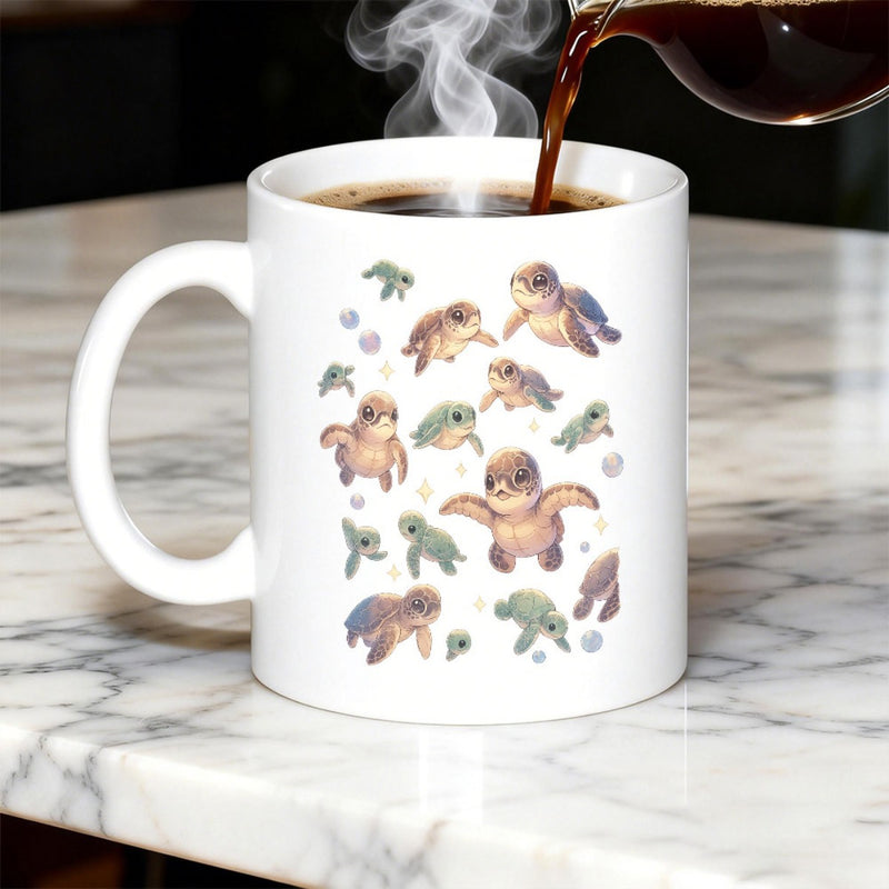 Tailorly White Ceramic 11 oz Mug - Adorable Baby Sea Turtles Swimming Gracefully Among Small Bubbles Turtle