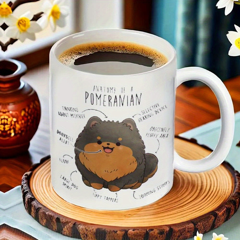 Tailorly White Ceramic 11 oz Mug - Anatomy Of A Pomeranian Adorable Round Fluffy Cartoon Dog With Playful Hand Written Anatomy Descriptions Pomeranian