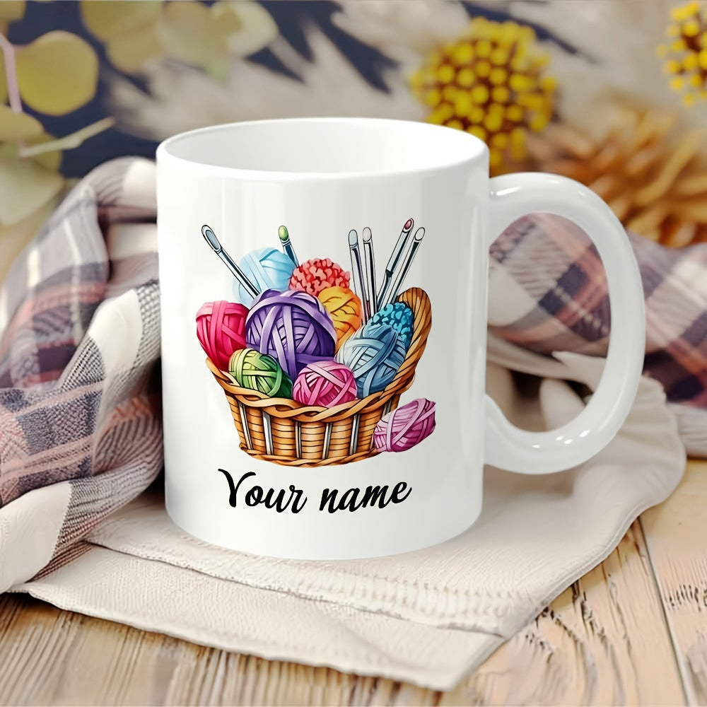 Tailorly White Ceramic 11 oz Mug - Your Name Colorful Soft Woolen Yarn Inside A Rustic Woven Wicker Crafting Basket