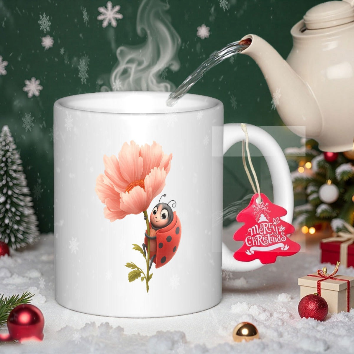 Tailorly White Ceramic 11 oz Mug - Merry Christmas Delicate Pink Flower With A Small Red Spotted Garden Ladybug