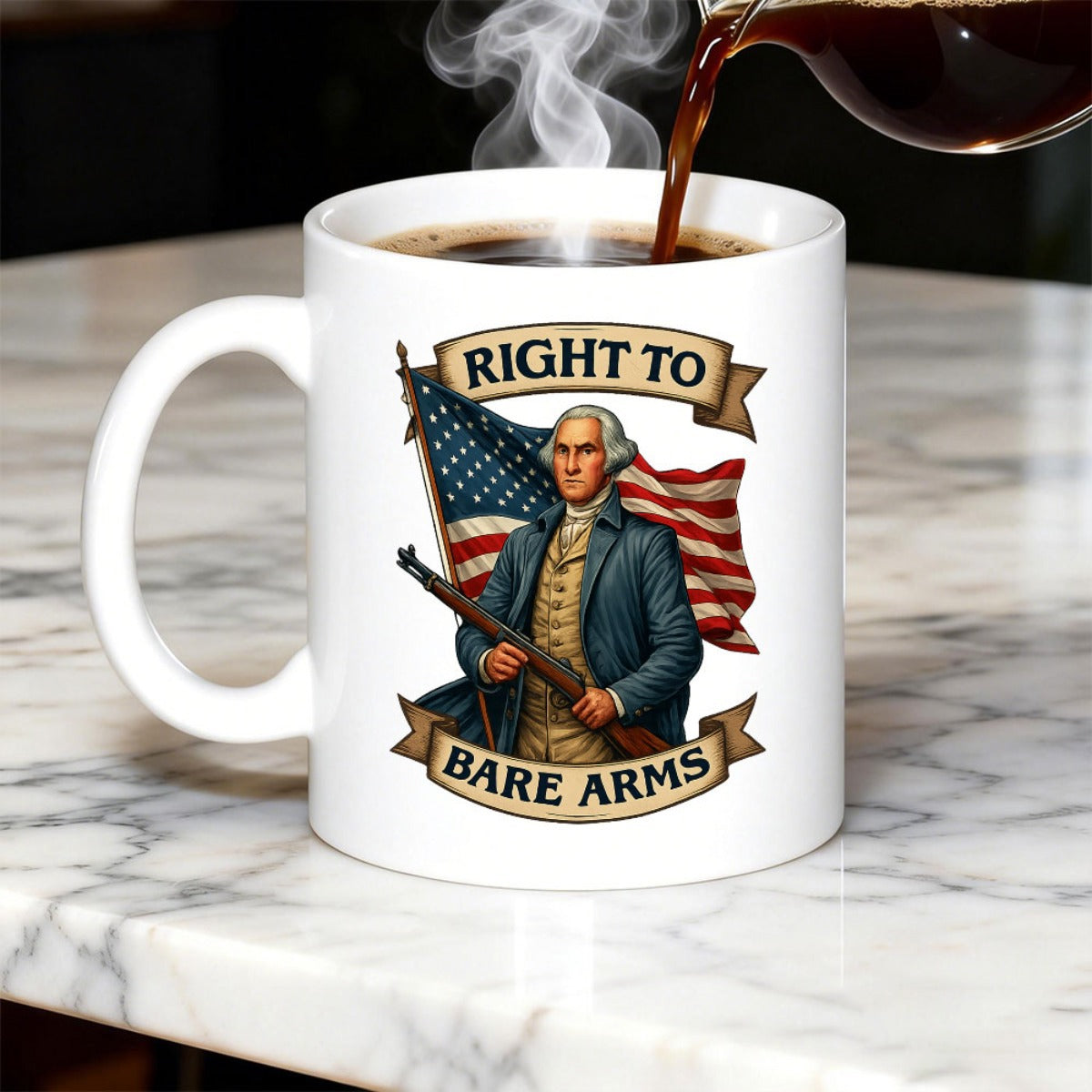 Tailorly White Ceramic 11 oz Mug - Right To Bare Arms Patriotic Historical Figure Holding Rifle Standing Before Waving American Flag Patriot