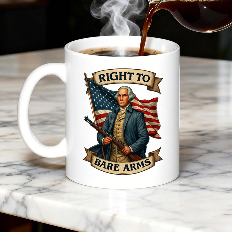 Tailorly White Ceramic 11 oz Mug - Right To Bare Arms Patriotic Historical Figure Holding Rifle Standing Before Waving American Flag Patriot