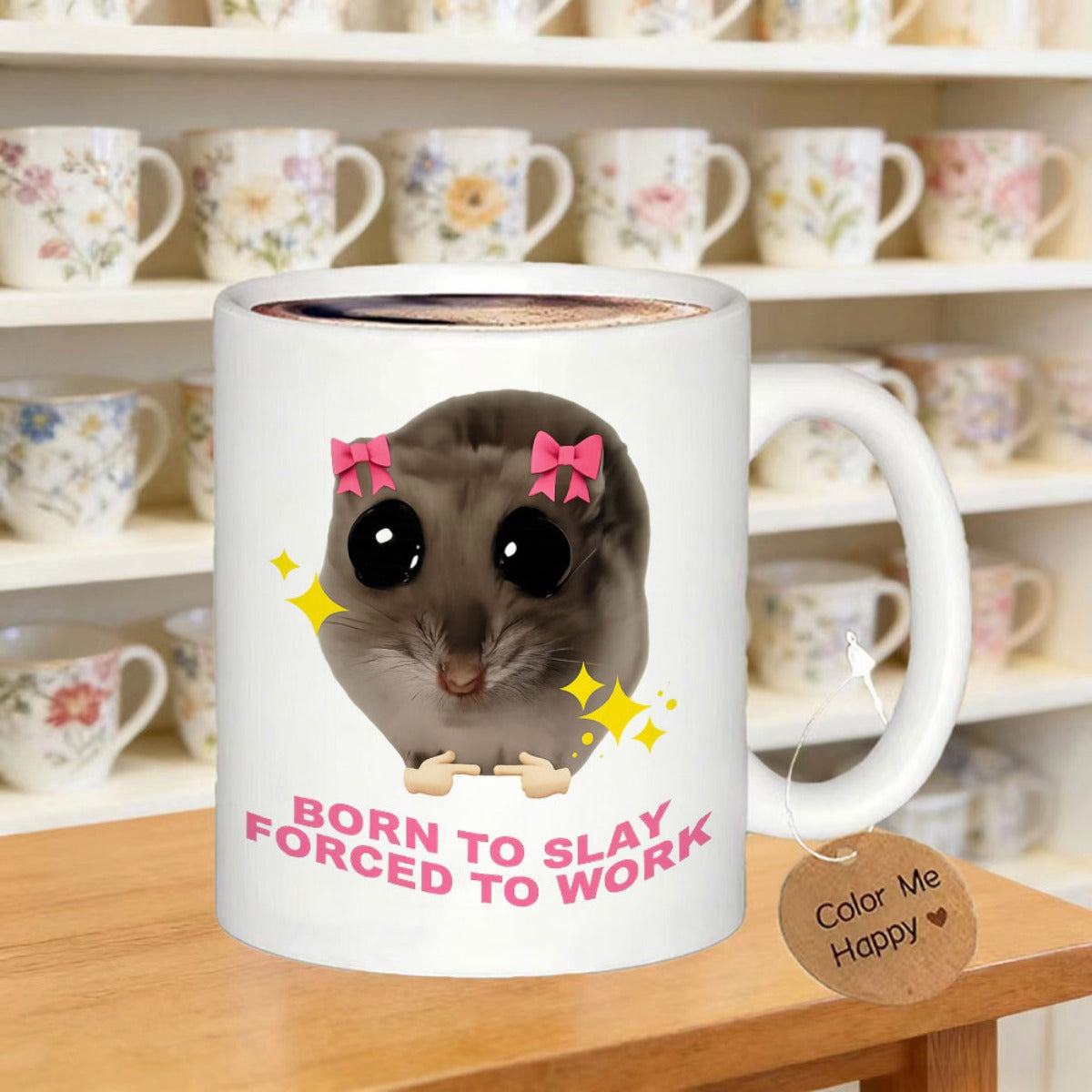 Tailorly White Ceramic 11 oz Mug - Born To Slay Forced To Work Adorable Furry Animal With Pink Bows And Tiny Paws Sparkles Possum