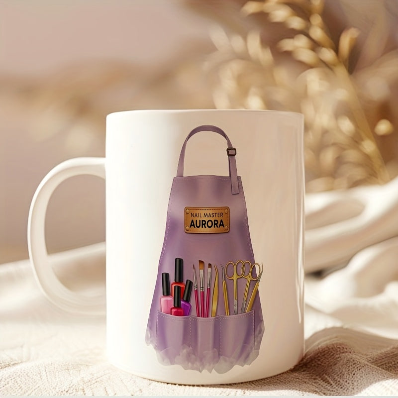 Tailorly White Ceramic 11 oz Mug - Nail Master Aurora Professional Purple Stylist Design Featuring Beauty Tools Within The Pockets Apron