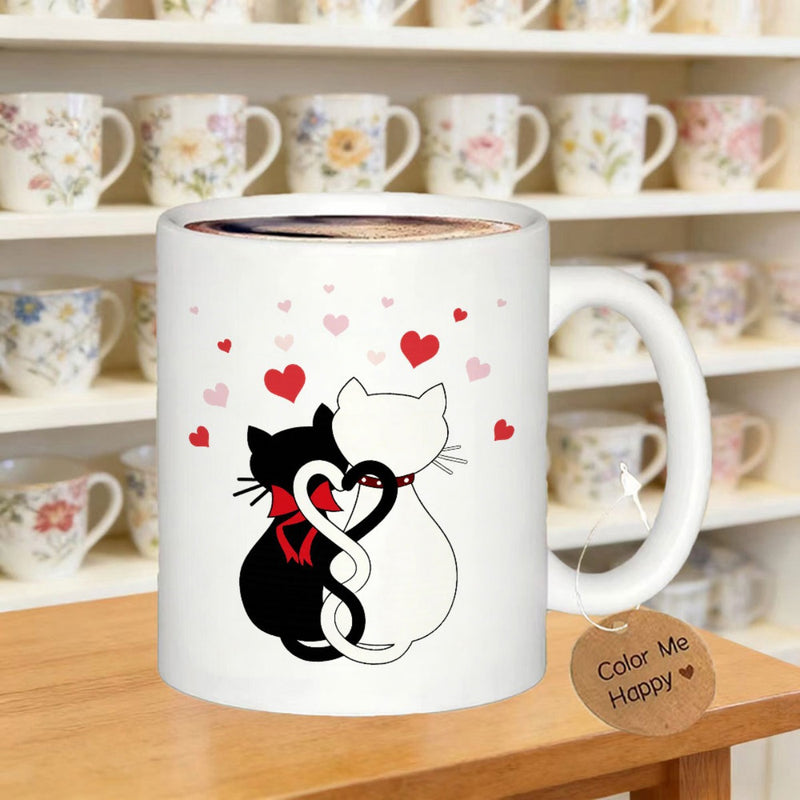 Tailorly White Ceramic 11 oz Mug - Color Me Happy Two Stylized Cats Sitting Back To Back With Tails Forming Heart Cat