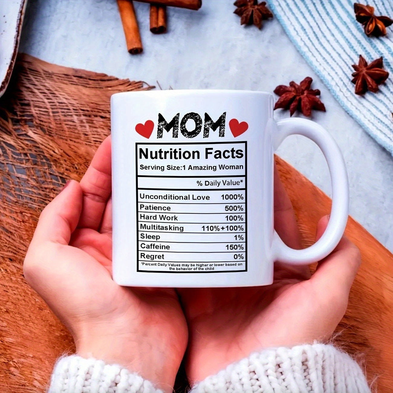 Tailorly White Ceramic 11 oz Mug - Mom Nutrition Facts Clean White Ceramic Featuring Red Hearts And Creative Nutritional Table Mug