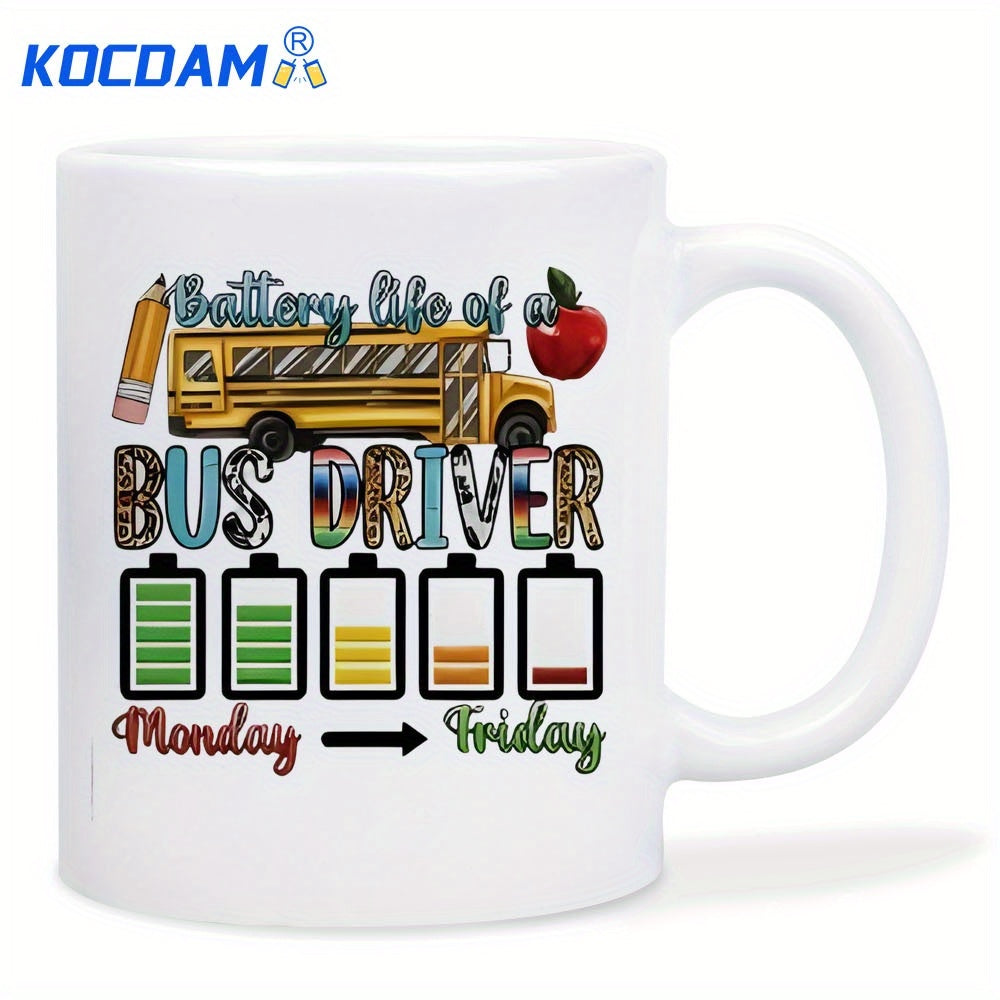 Tailorly White Ceramic 11 oz Mug - Battery Life Of A Bus Driver Monday Friday Classic Yellow School Bus With Pencil Apple And Battery Level Icons Mug
