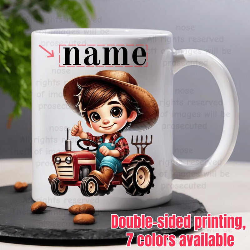 Tailorly White Ceramic 11 oz Mug - Name Cheerful Young Boy Wearing Straw Hat Driving Red Farm Vehicle Tractor