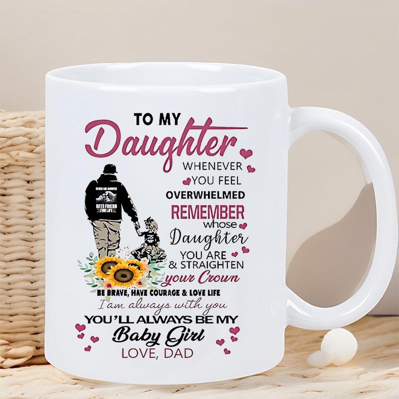 Tailorly White Ceramic 11 oz Mug - To My Daughter Straighten Your Crown Father Walking With Daughter Beside Blooming Yellow Sunflowers And Small Hearts Mug