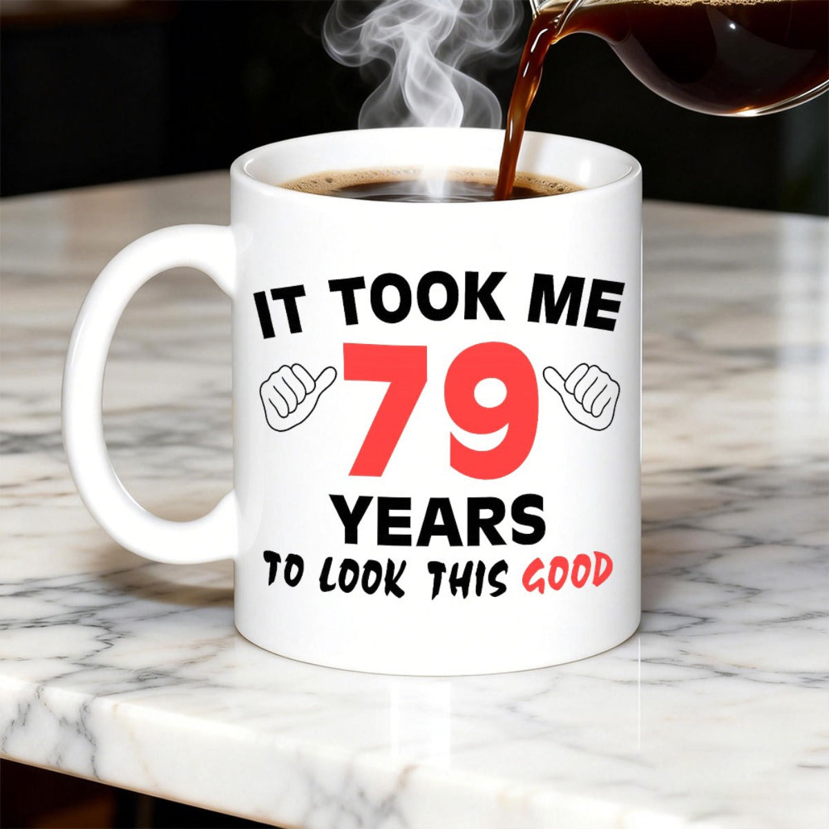 Tailorly White Ceramic 11 oz Mug - It Took Me 79 Years To Look This Good Two Simple Line Art Hands Pointing Upwards In Celebration Mug