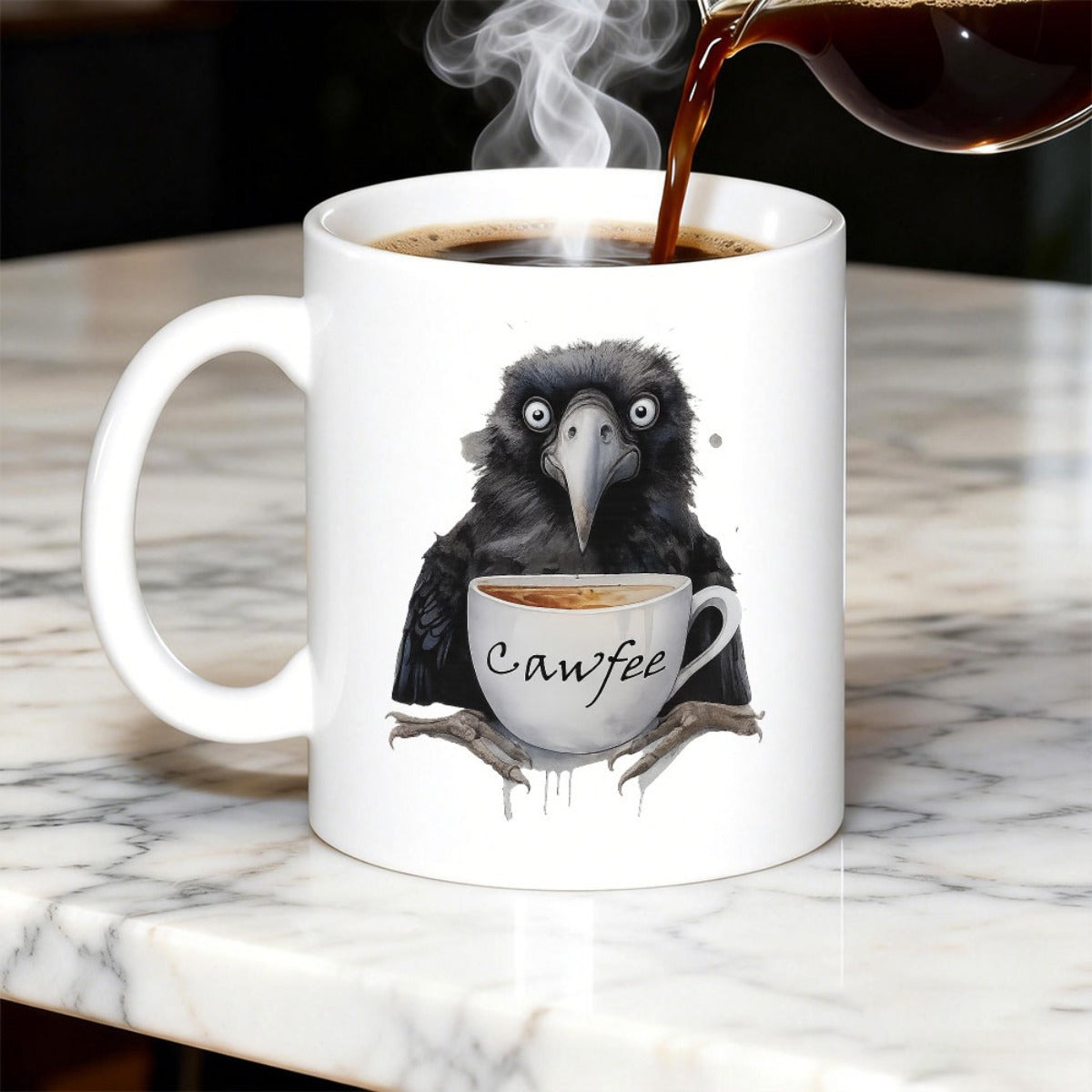 Tailorly White Ceramic 11 oz Mug - Cawfee Funny Black Bird With Large Expressive Eyes Holding A Miniature Cup Crow